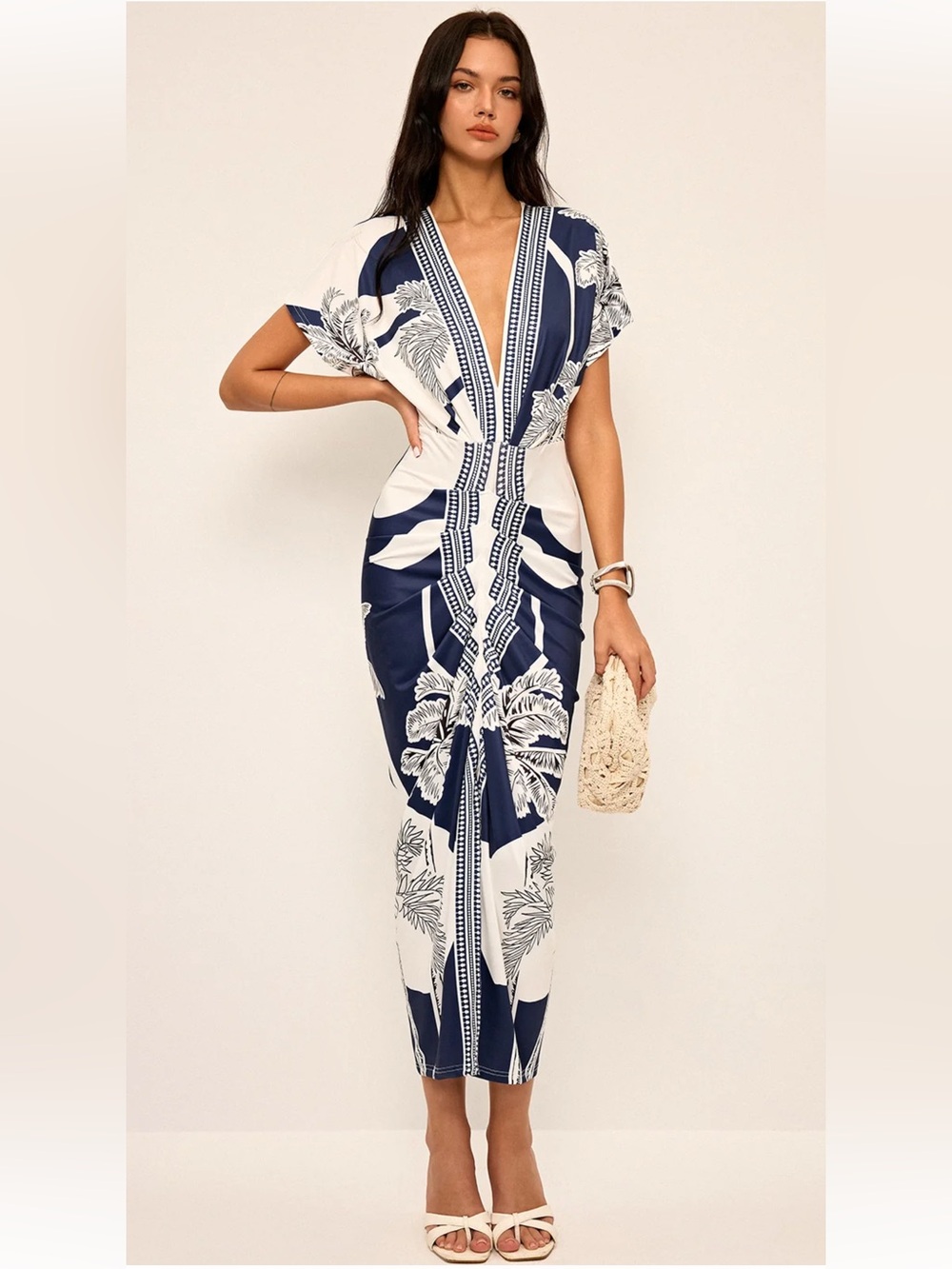 #216 Printed Deep V-Neck Midi Dress Without Belt